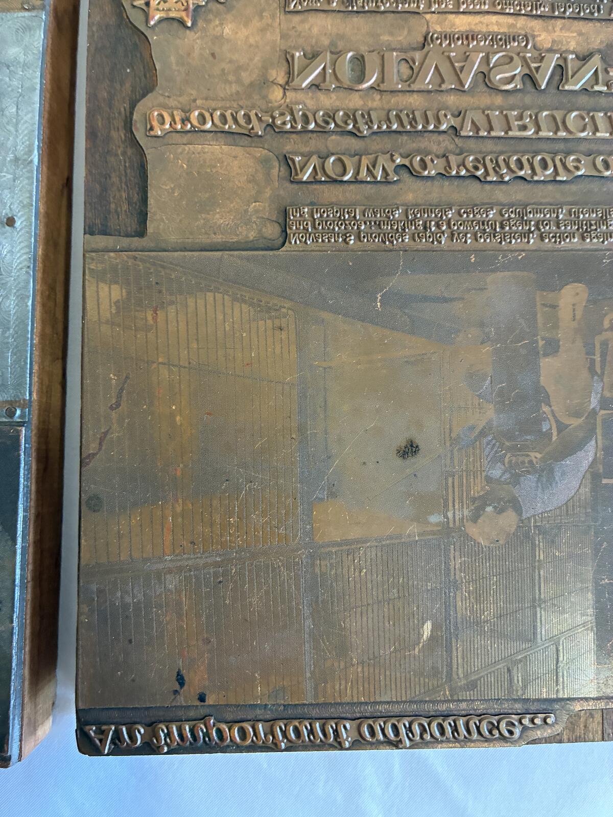 Antique Letterpress Printing Plates on Wood Blocks, Advertising Printer's Blocks, Industrial Wall Art