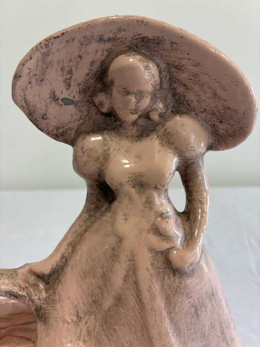 Vintage Ceramic Lady Figurine With Tray, Pink Pottery Woman Sculpture, Mid Century Vanity Catchall, Shabby Chic Decor, Vintage Finds
