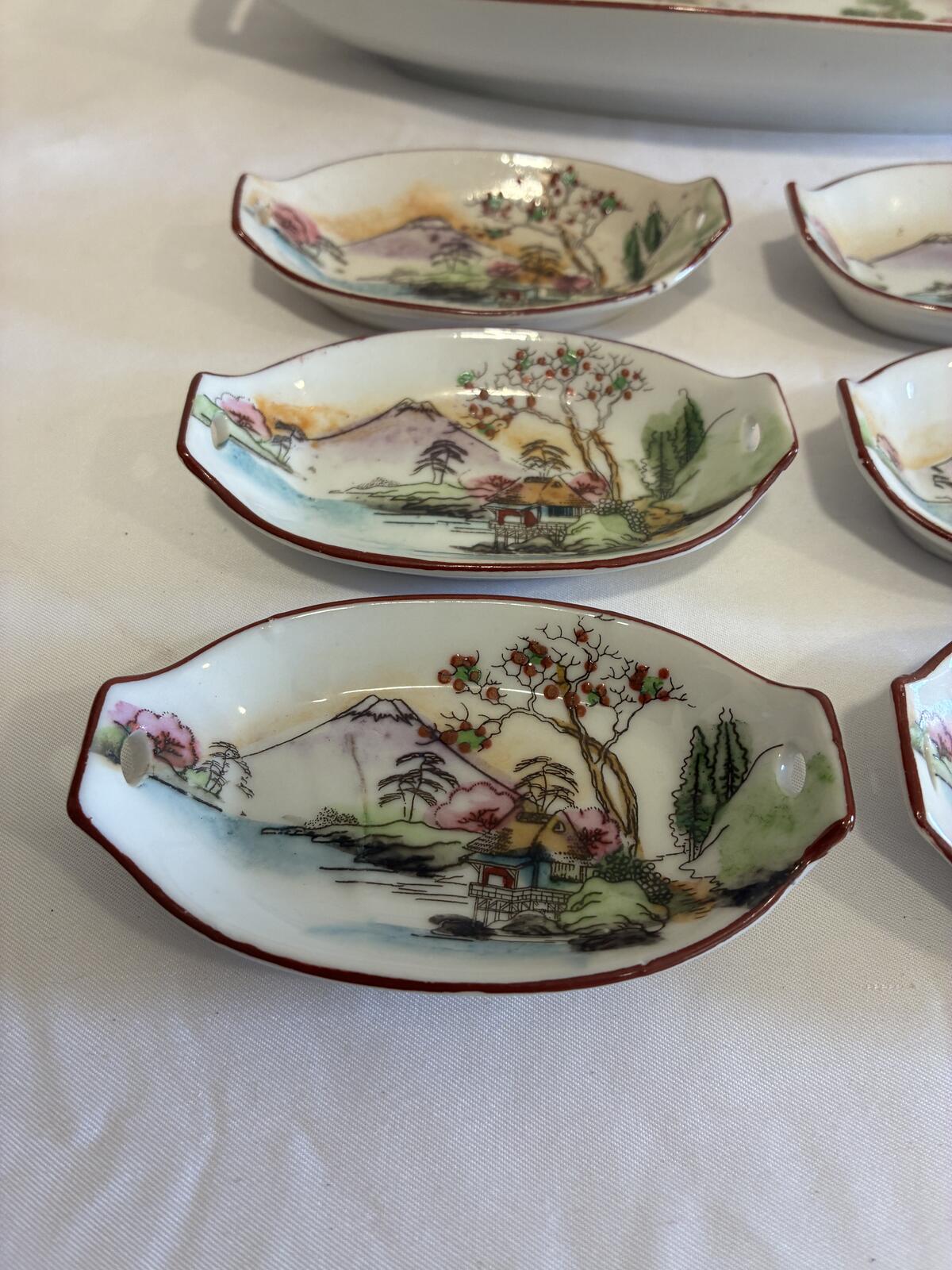 Vintage Japanese Sushi Serving Set, Hand Painted Mount Fuji Sushi Tray, Made in Japan Porcelain, Sushi Dipping Dishes, Vintage Finds