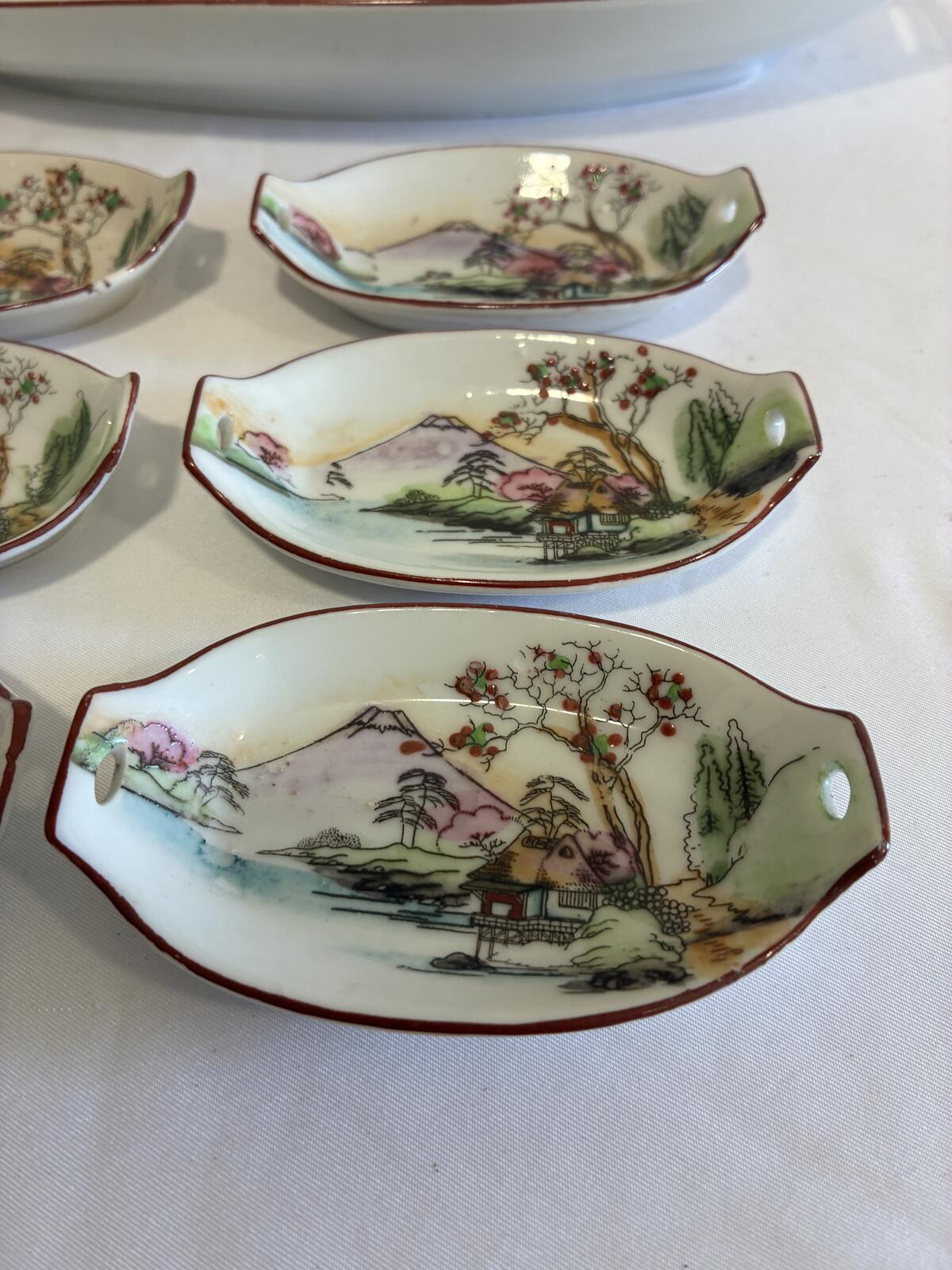 Vintage Japanese Sushi Serving Set, Hand Painted Mount Fuji Sushi Tray, Made in Japan Porcelain, Sushi Dipping Dishes, Vintage Finds