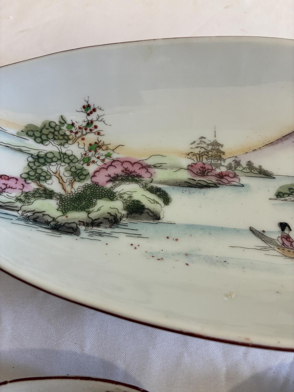 Vintage Japanese Sushi Serving Set, Hand Painted Mount Fuji Sushi Tray, Made in Japan Porcelain, Sushi Dipping Dishes, Vintage Finds
