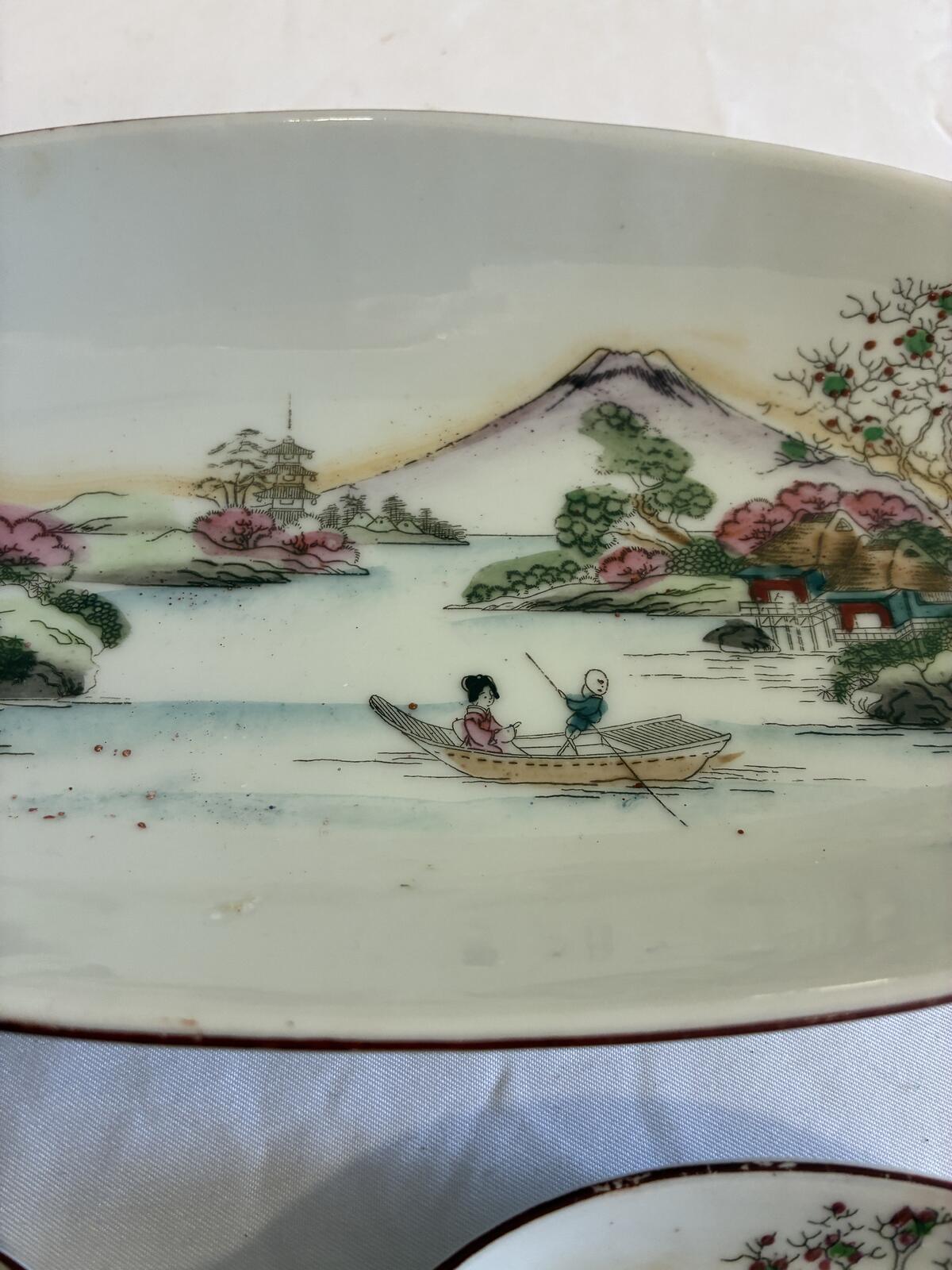 Vintage Japanese Sushi Serving Set, Hand Painted Mount Fuji Sushi Tray, Made in Japan Porcelain, Sushi Dipping Dishes, Vintage Finds