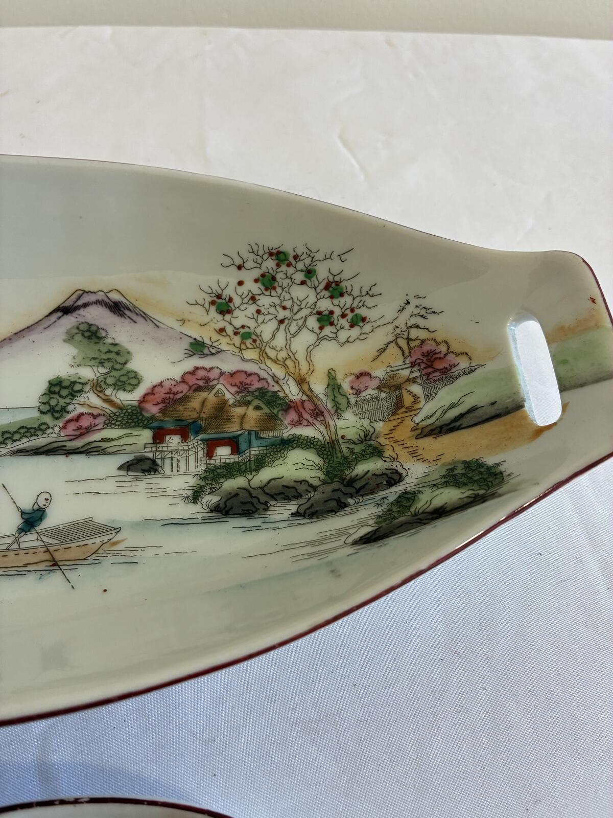 Vintage Japanese Sushi Serving Set, Hand Painted Mount Fuji Sushi Tray, Made in Japan Porcelain, Sushi Dipping Dishes, Vintage Finds