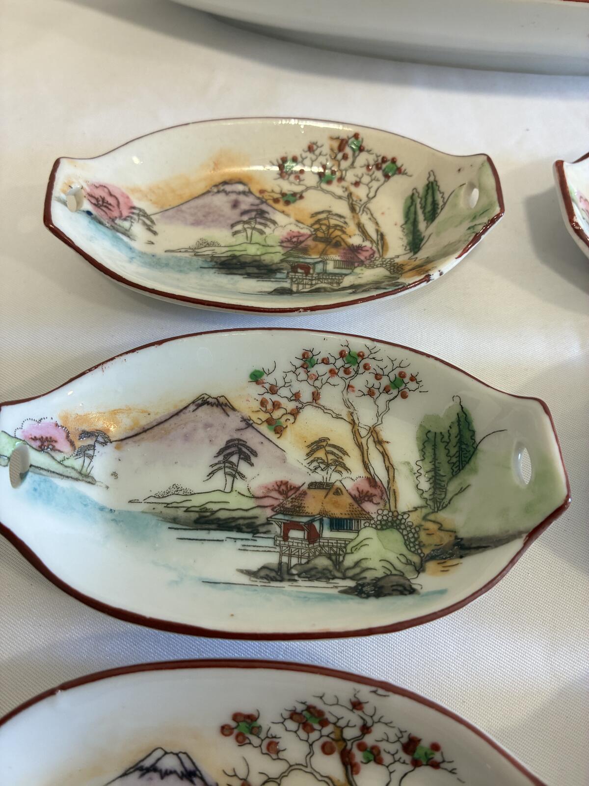 Vintage Japanese Sushi Serving Set, Hand Painted Mount Fuji Sushi Tray, Made in Japan Porcelain, Sushi Dipping Dishes, Vintage Finds