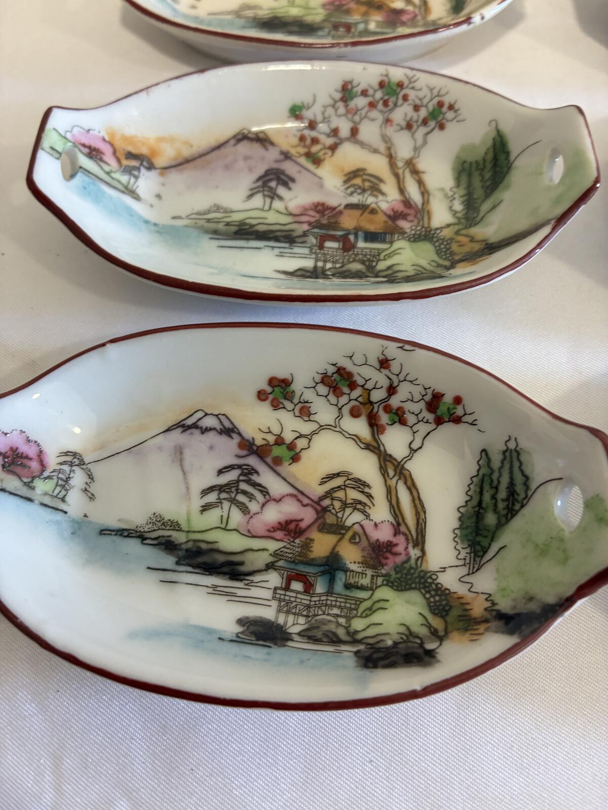 Vintage Japanese Sushi Serving Set, Hand Painted Mount Fuji Sushi Tray, Made in Japan Porcelain, Sushi Dipping Dishes, Vintage Finds