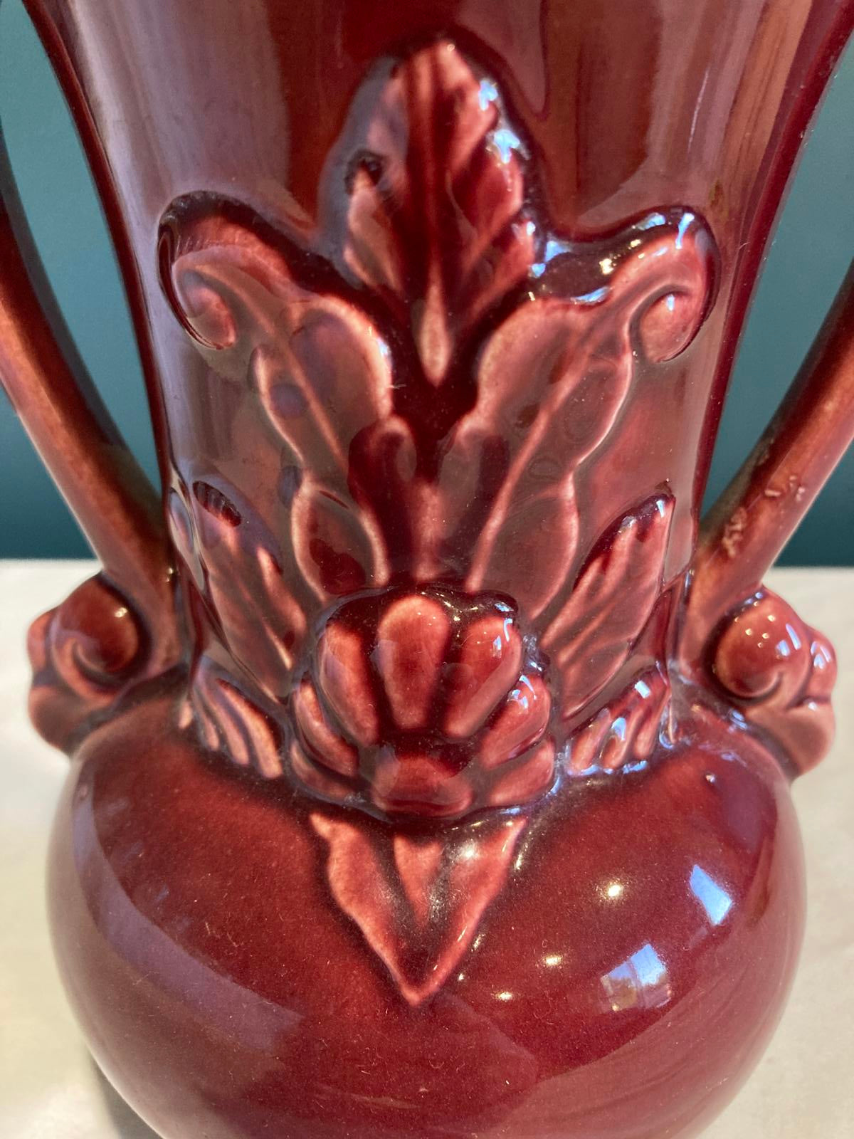 Vintage Red Shawnee Pottery Vase with Iris Flower Design