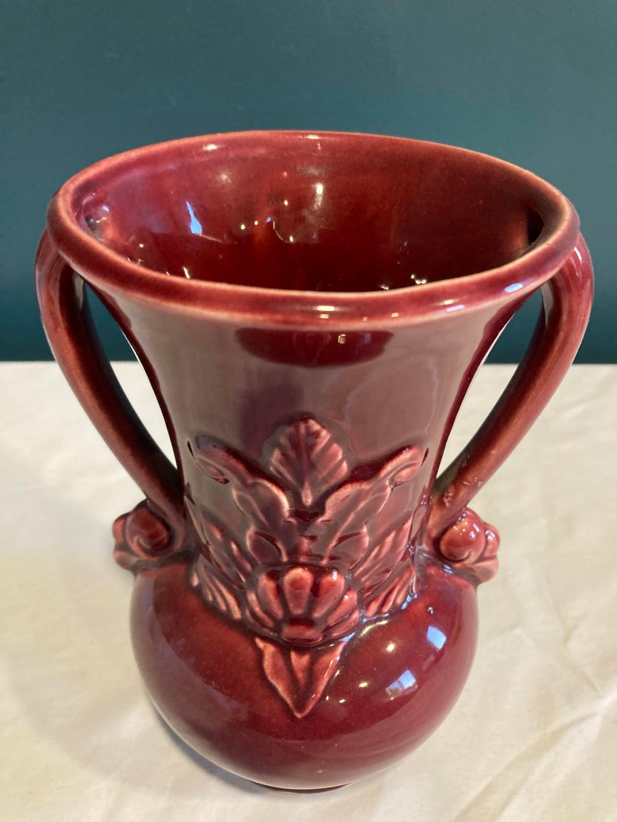 Vintage Red Shawnee Pottery Vase with Iris Flower Design