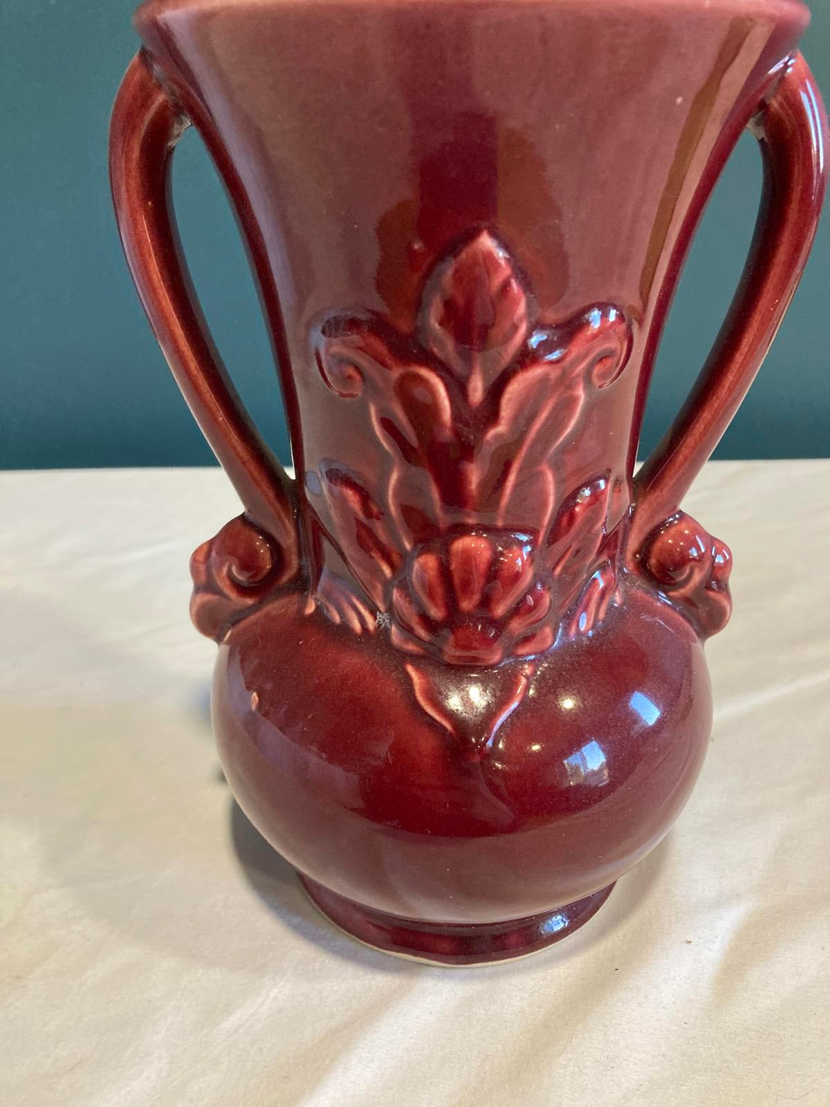 Vintage Red Shawnee Pottery Vase with Iris Flower Design