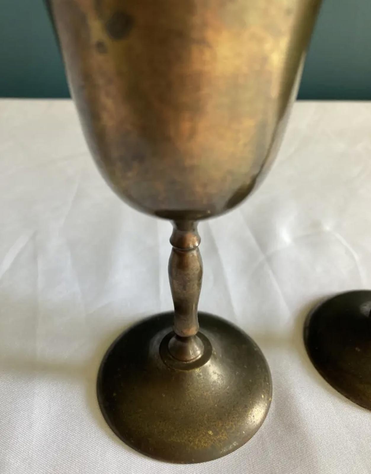 Pair of Vintage Sarna Brass Goblets - Patina Wine Chalices -India Brass Stemware