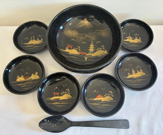 Vintage Japanese Lacquer Bowl Set with Gold Pagoda Design