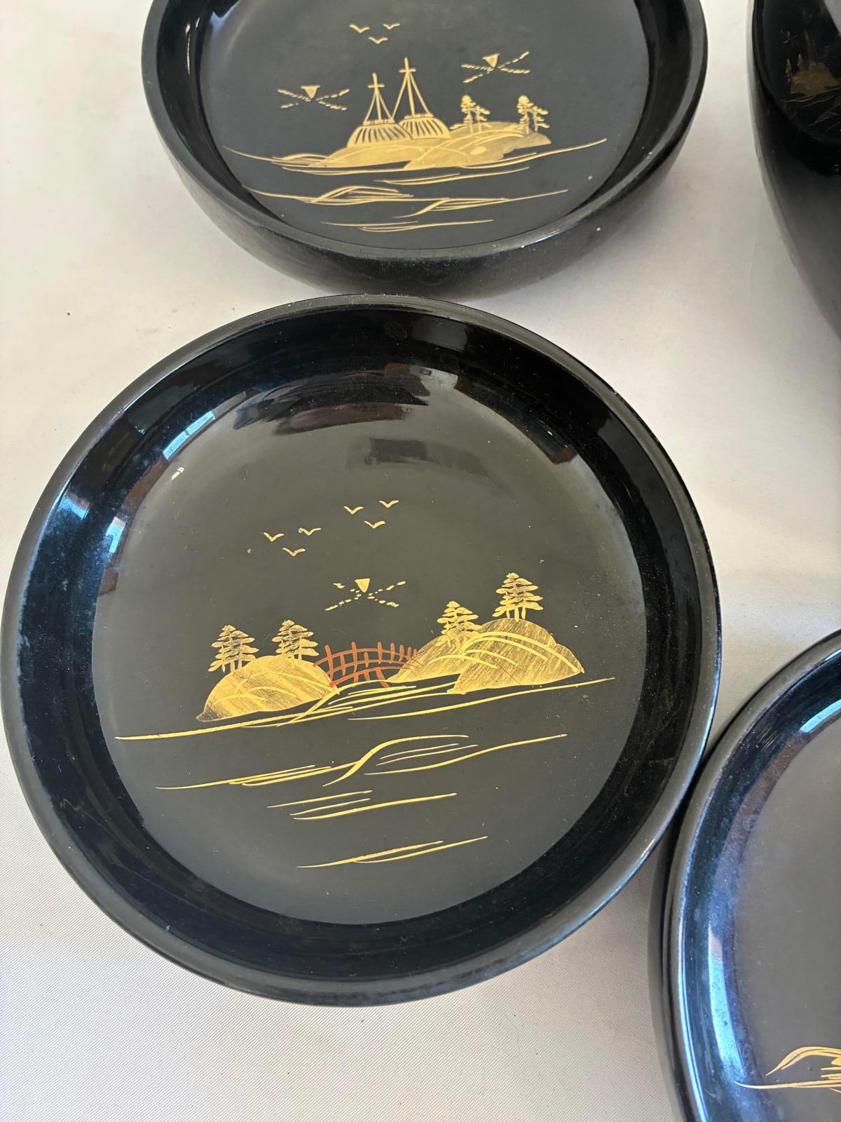 Vintage Japanese Lacquer Bowl Set with Gold Pagoda Design