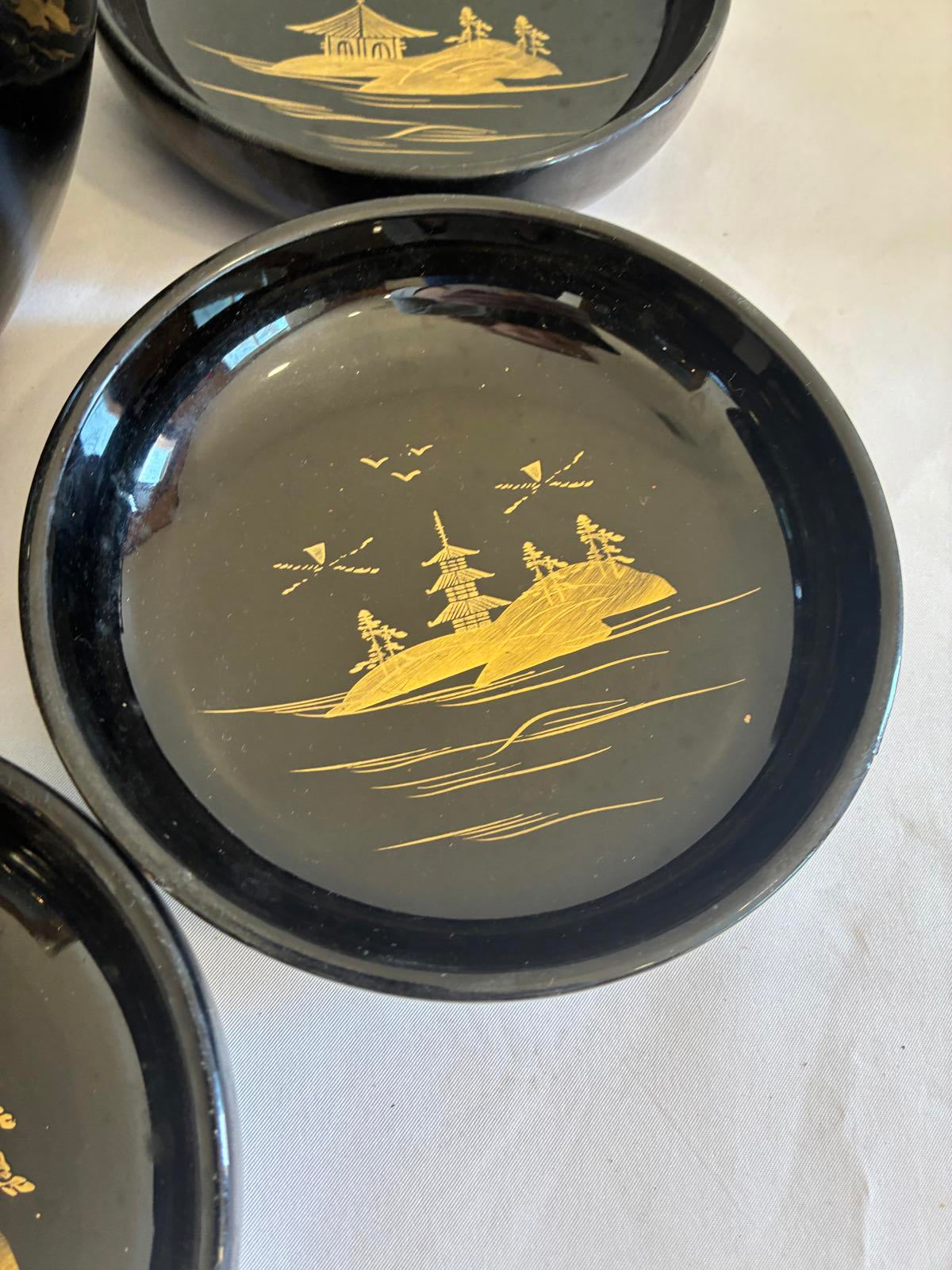 Vintage Japanese Lacquer Bowl Set with Gold Pagoda Design