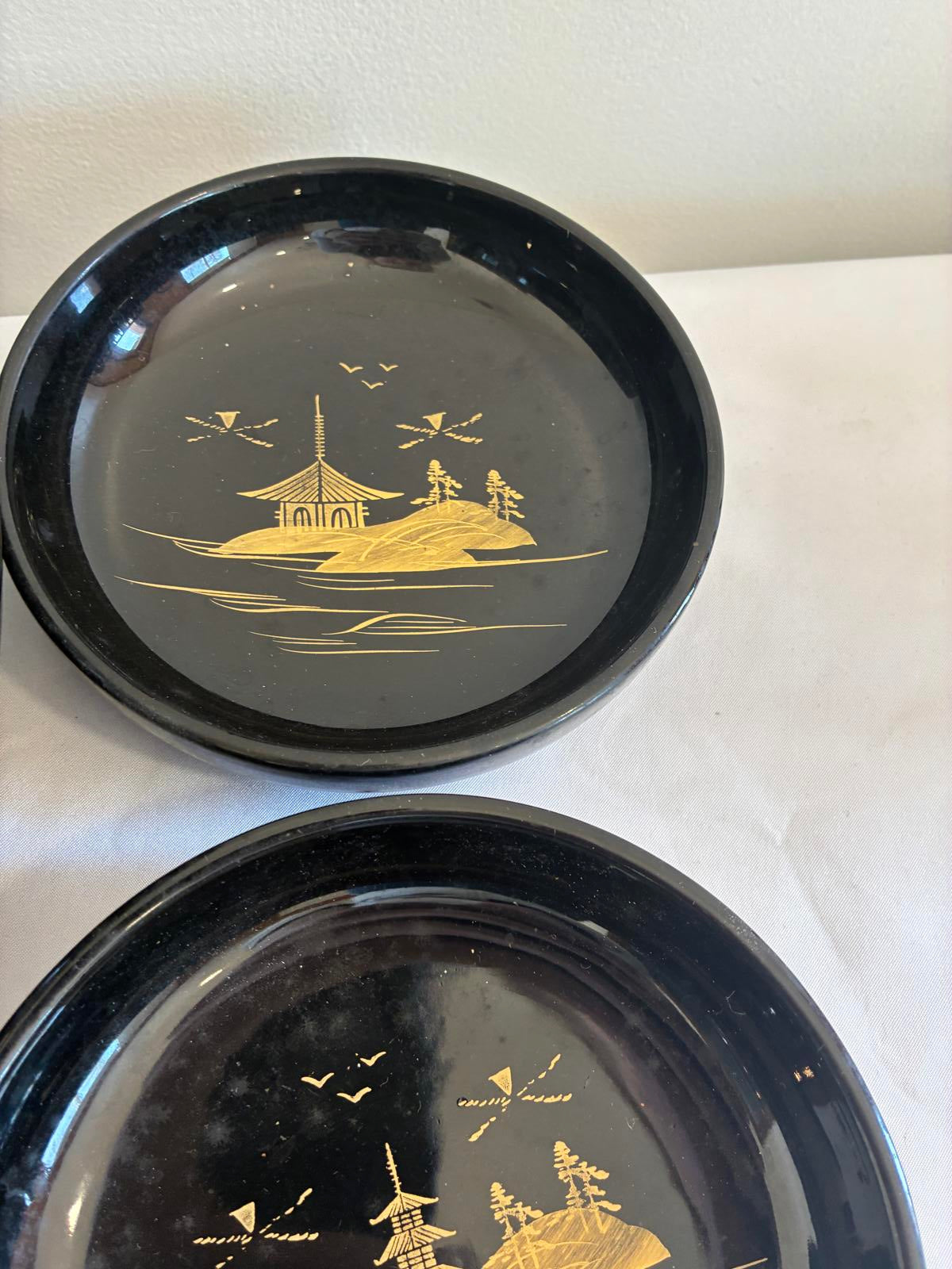 Vintage Japanese Lacquer Bowl Set with Gold Pagoda Design