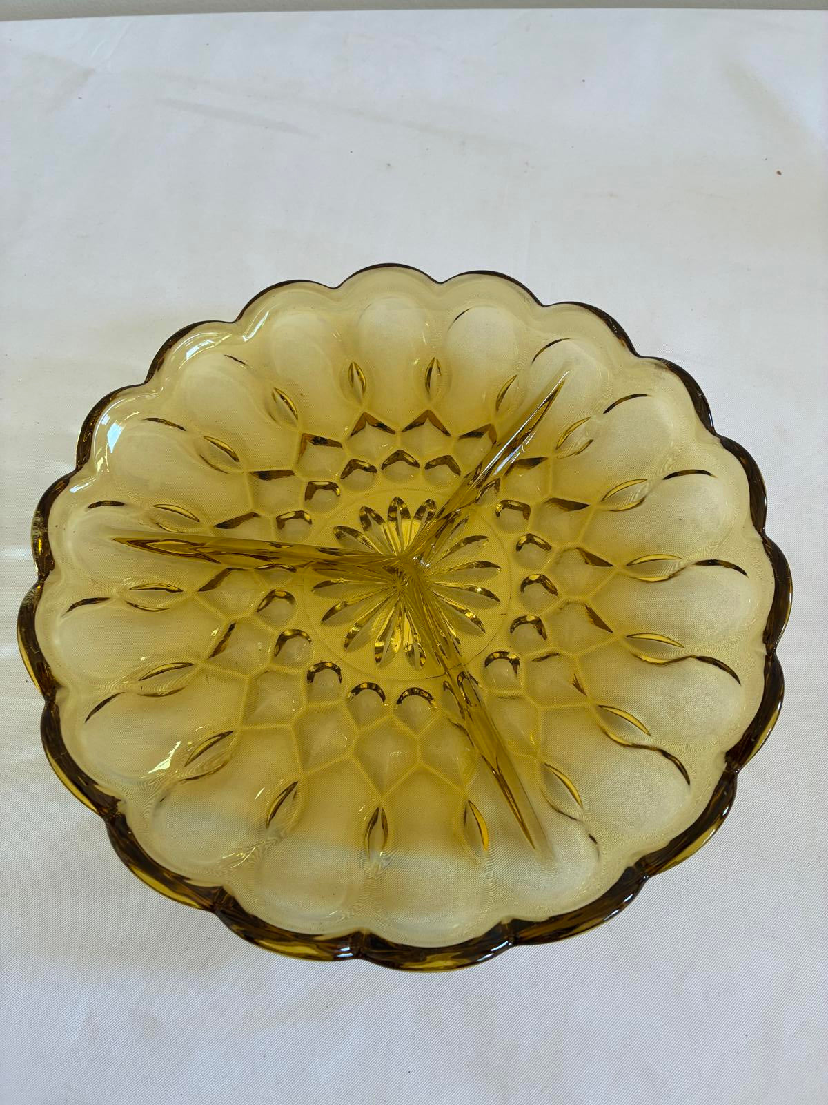 Vintage Amber Glass Divided Dish with Scalloped Edges