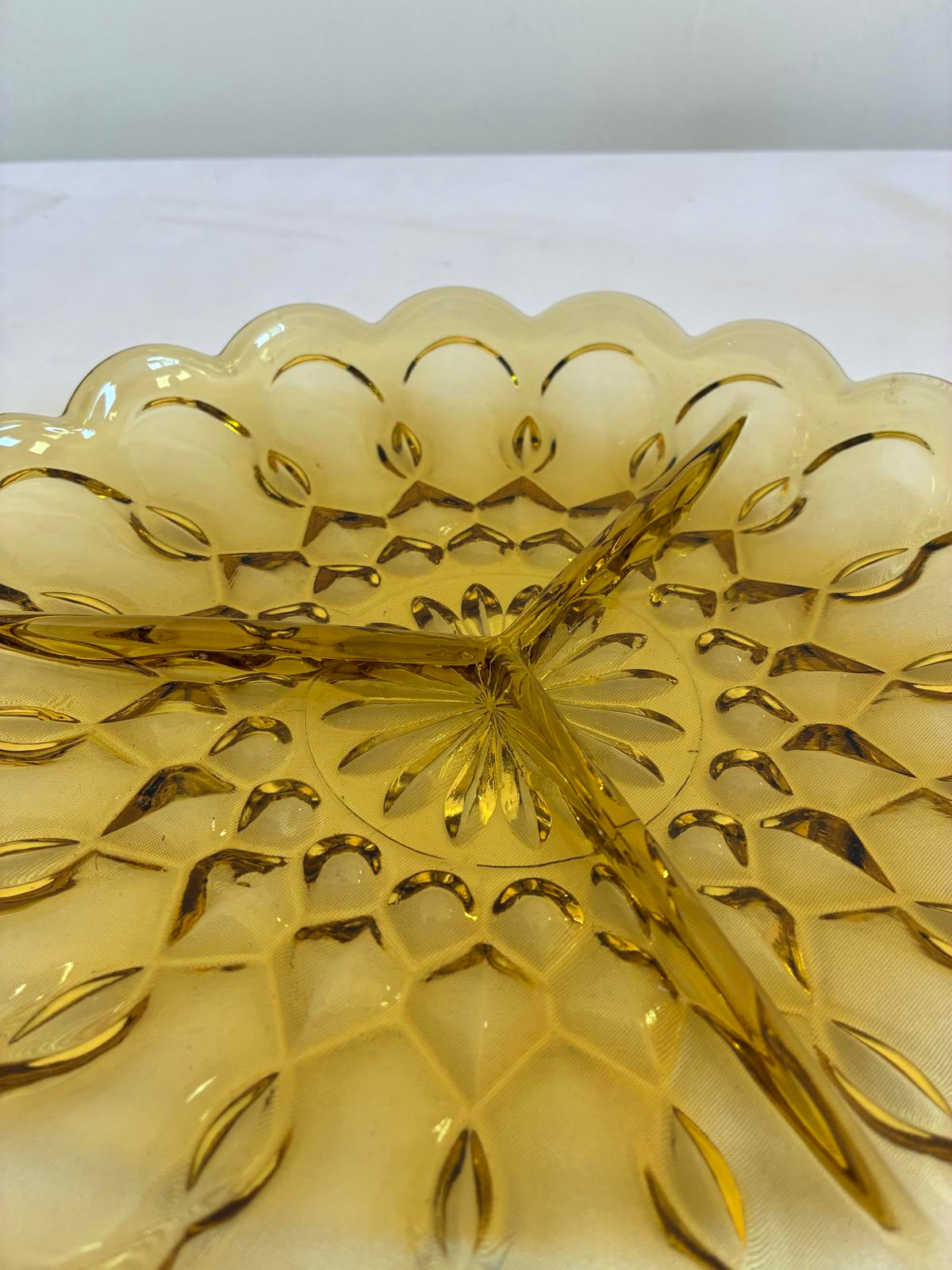 Vintage Amber Glass Divided Dish with Scalloped Edges