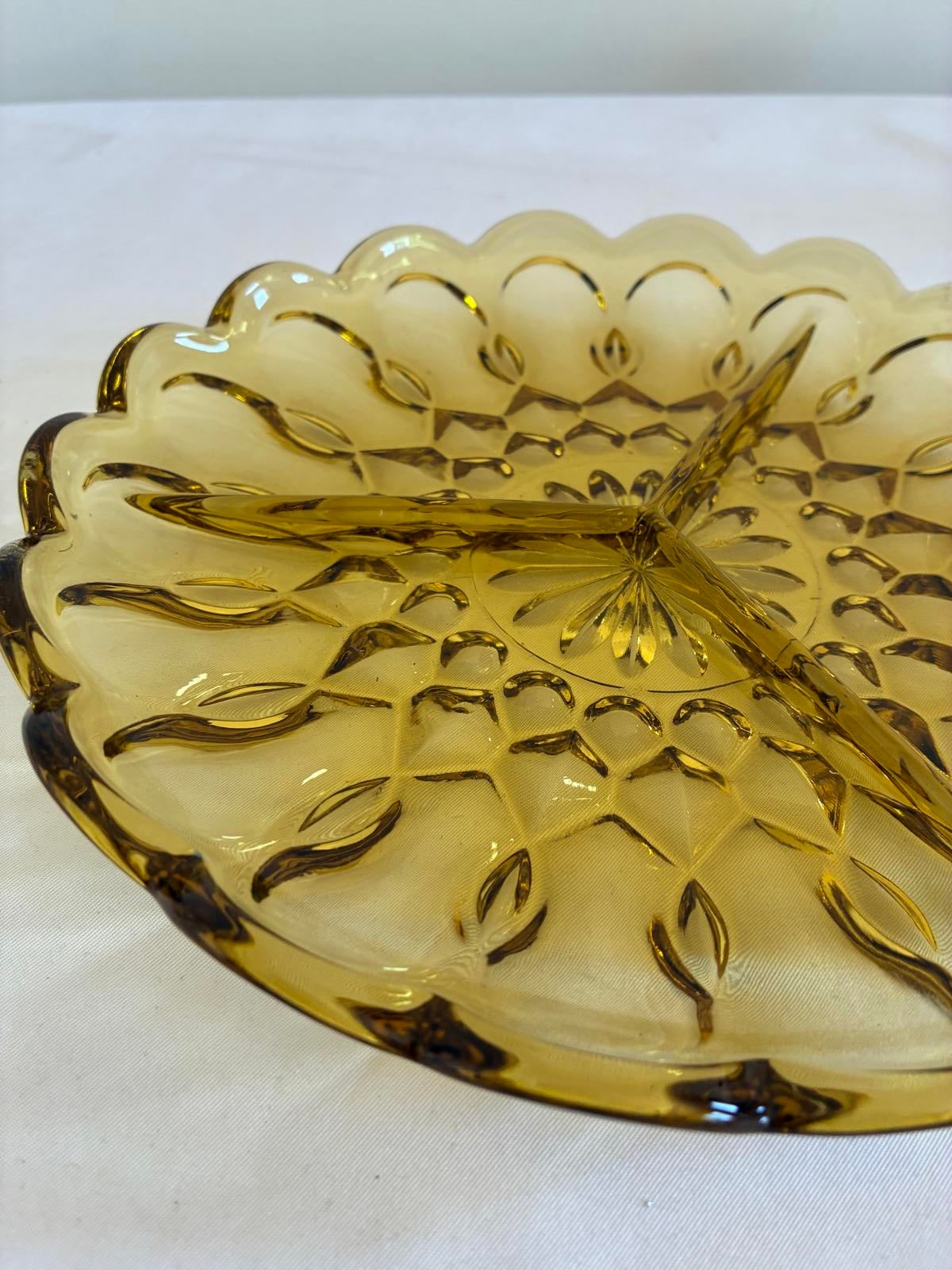 Vintage Amber Glass Divided Dish with Scalloped Edges