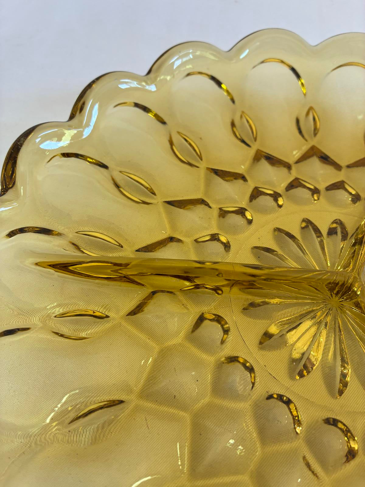 Vintage Amber Glass Divided Dish with Scalloped Edges