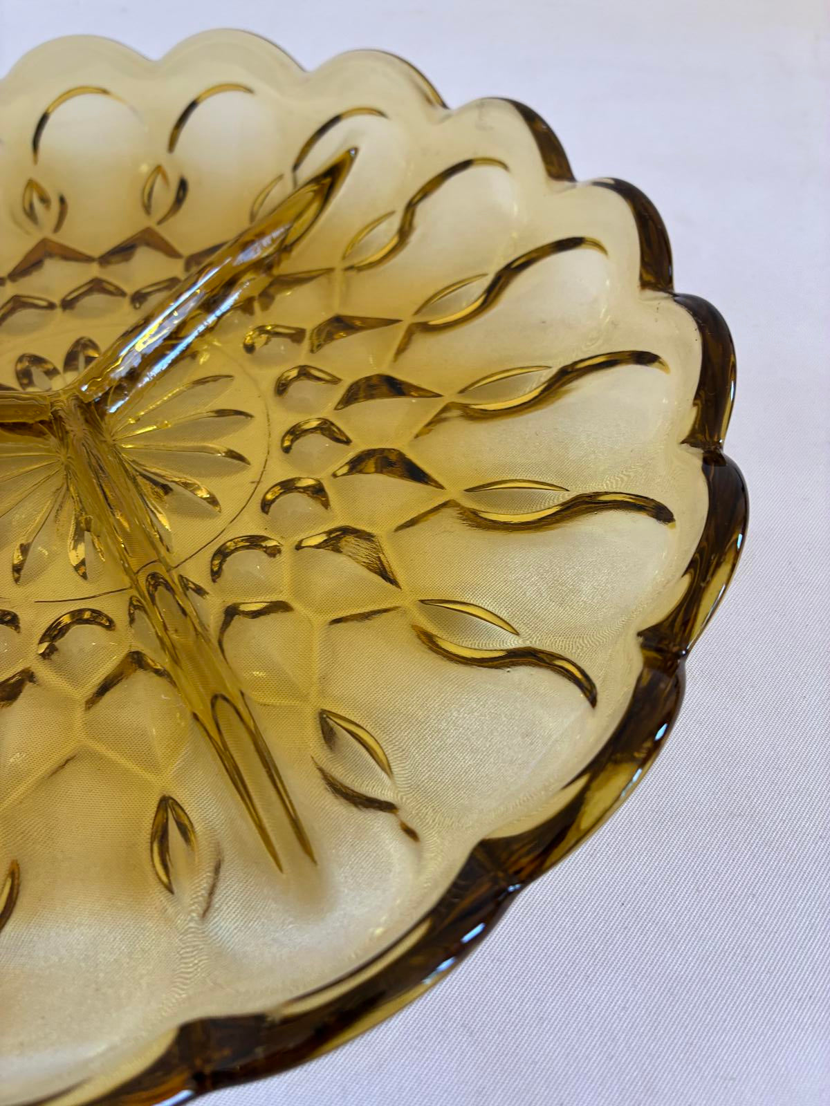 Vintage Amber Glass Divided Dish with Scalloped Edges