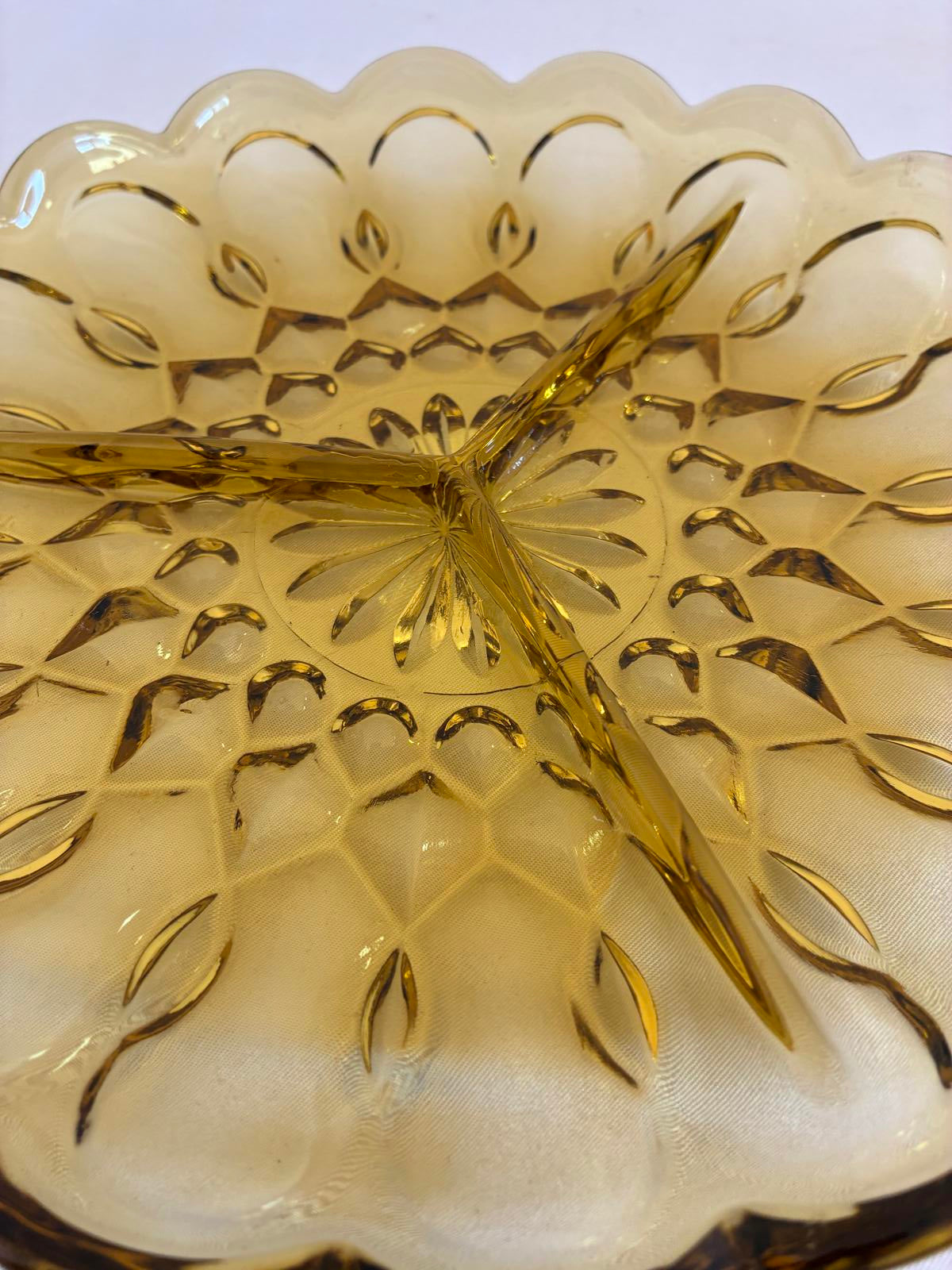 Vintage Amber Glass Divided Dish with Scalloped Edges