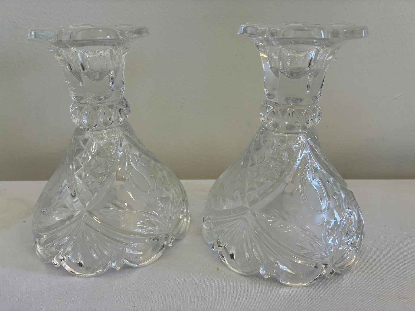 Vintage Cut Glass Candlesticks Pair Clear Crystal Style