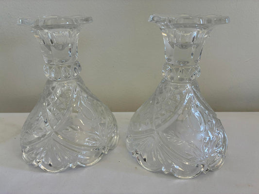 Vintage Cut Glass Candlesticks Pair Clear Crystal Style