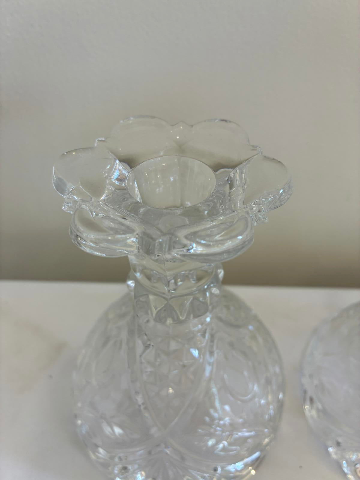 Vintage Cut Glass Candlesticks Pair Clear Crystal Style