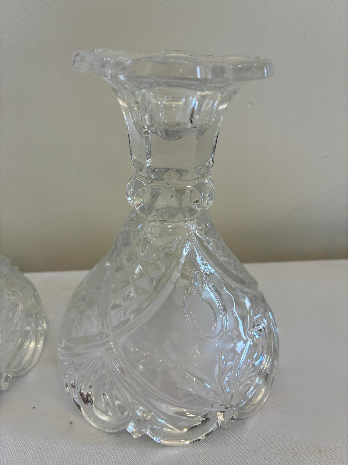 Vintage Cut Glass Candlesticks Pair Clear Crystal Style