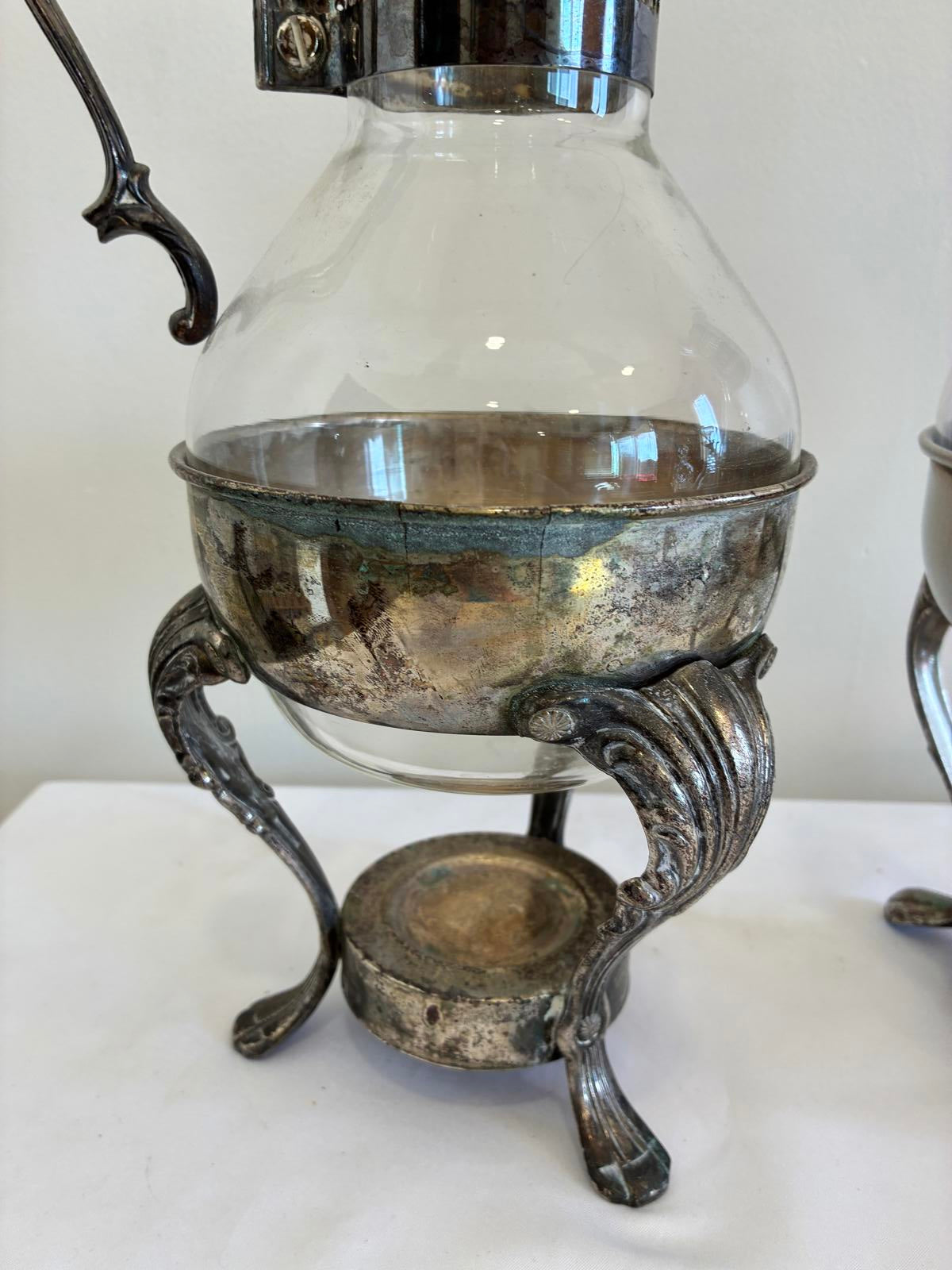 Vintage Glass Coffee Pots with Silverplate Holders Pair Victorian Style