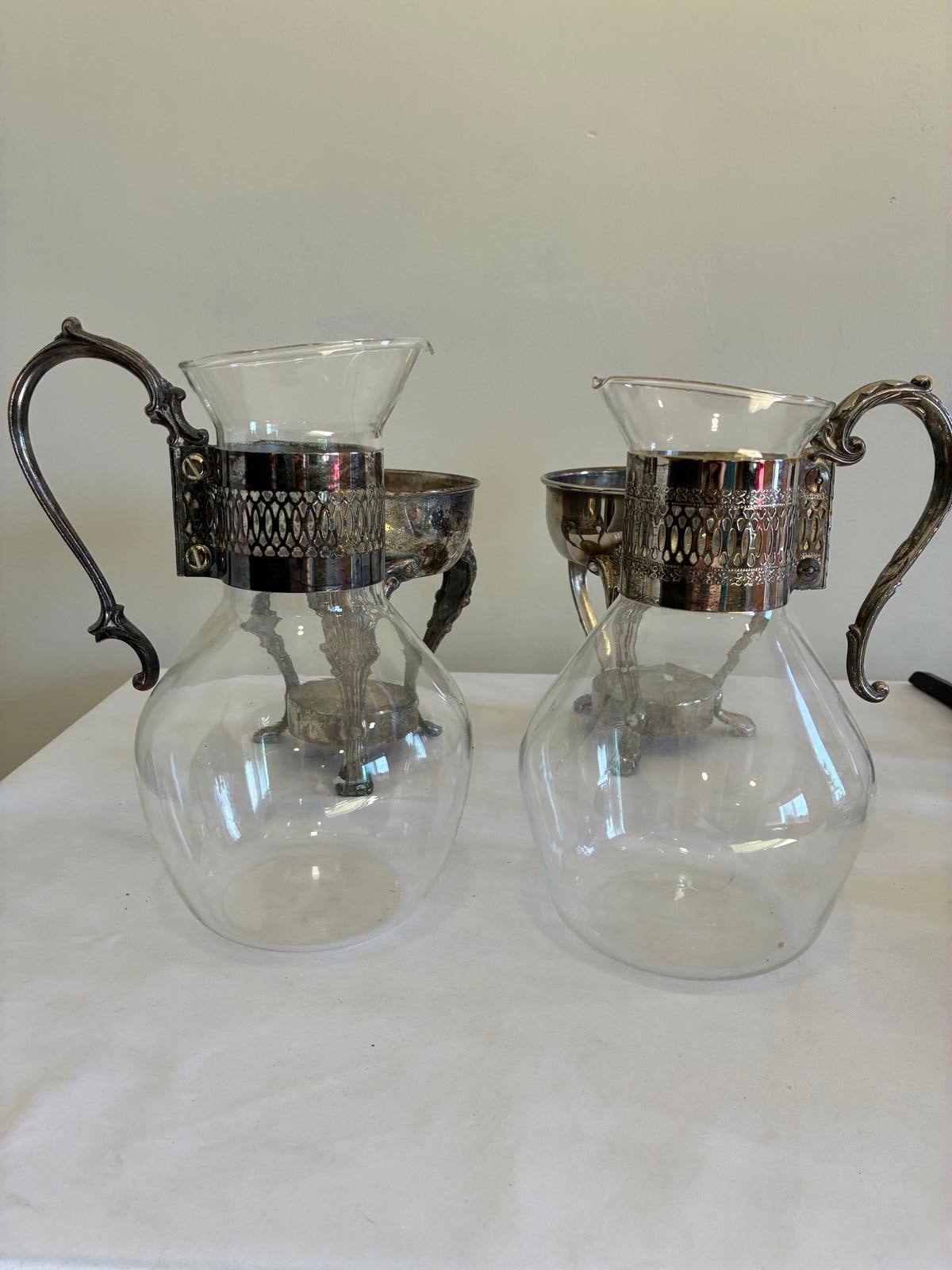 Vintage Glass Coffee Pots with Silverplate Holders Pair Victorian Style