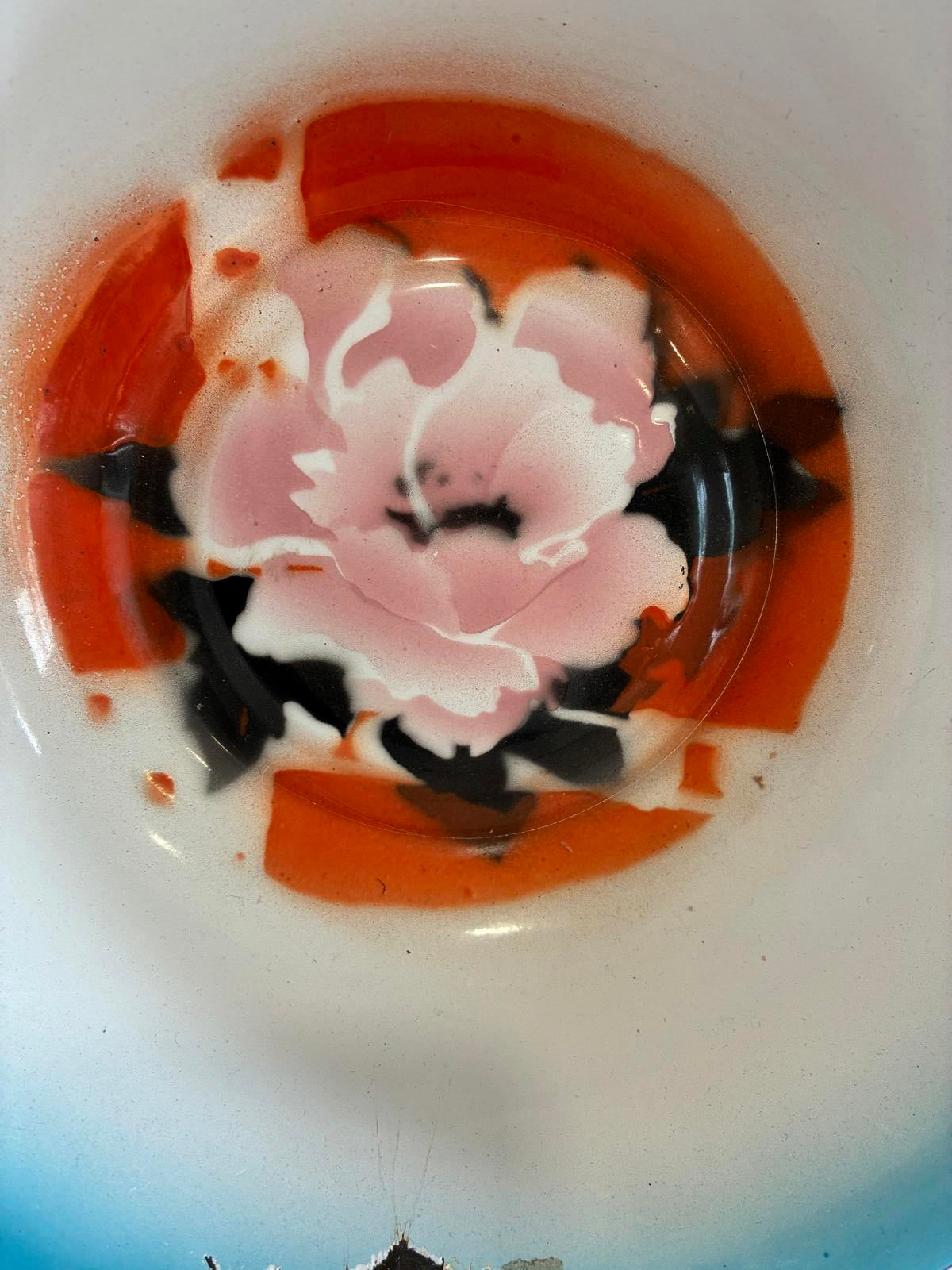 Vintage Enamel Bowl Hand Painted Floral Design Chippy Patina