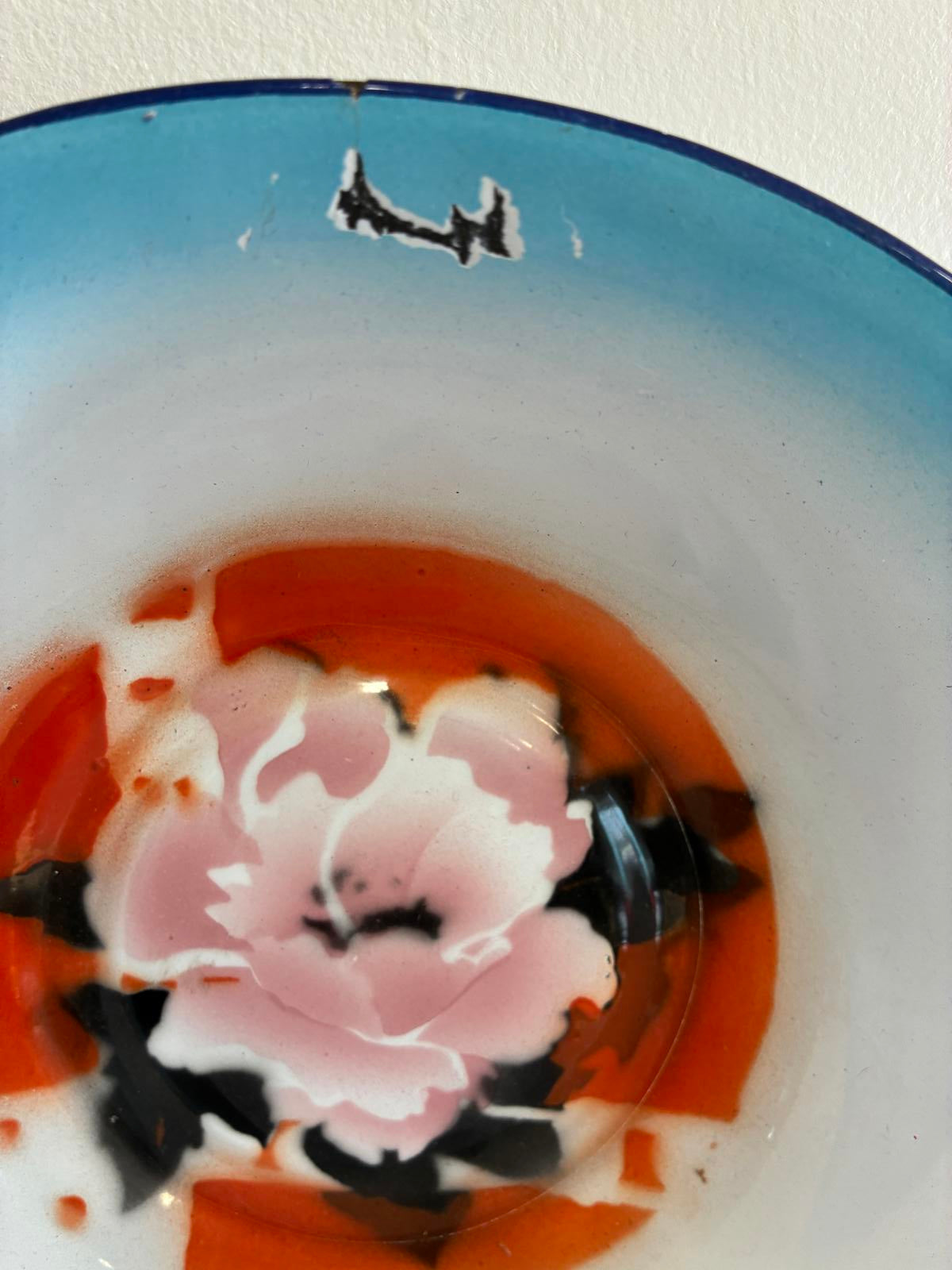 Vintage Enamel Bowl Hand Painted Floral Design Chippy Patina