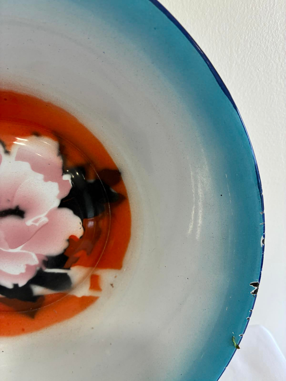 Vintage Enamel Bowl Hand Painted Floral Design Chippy Patina