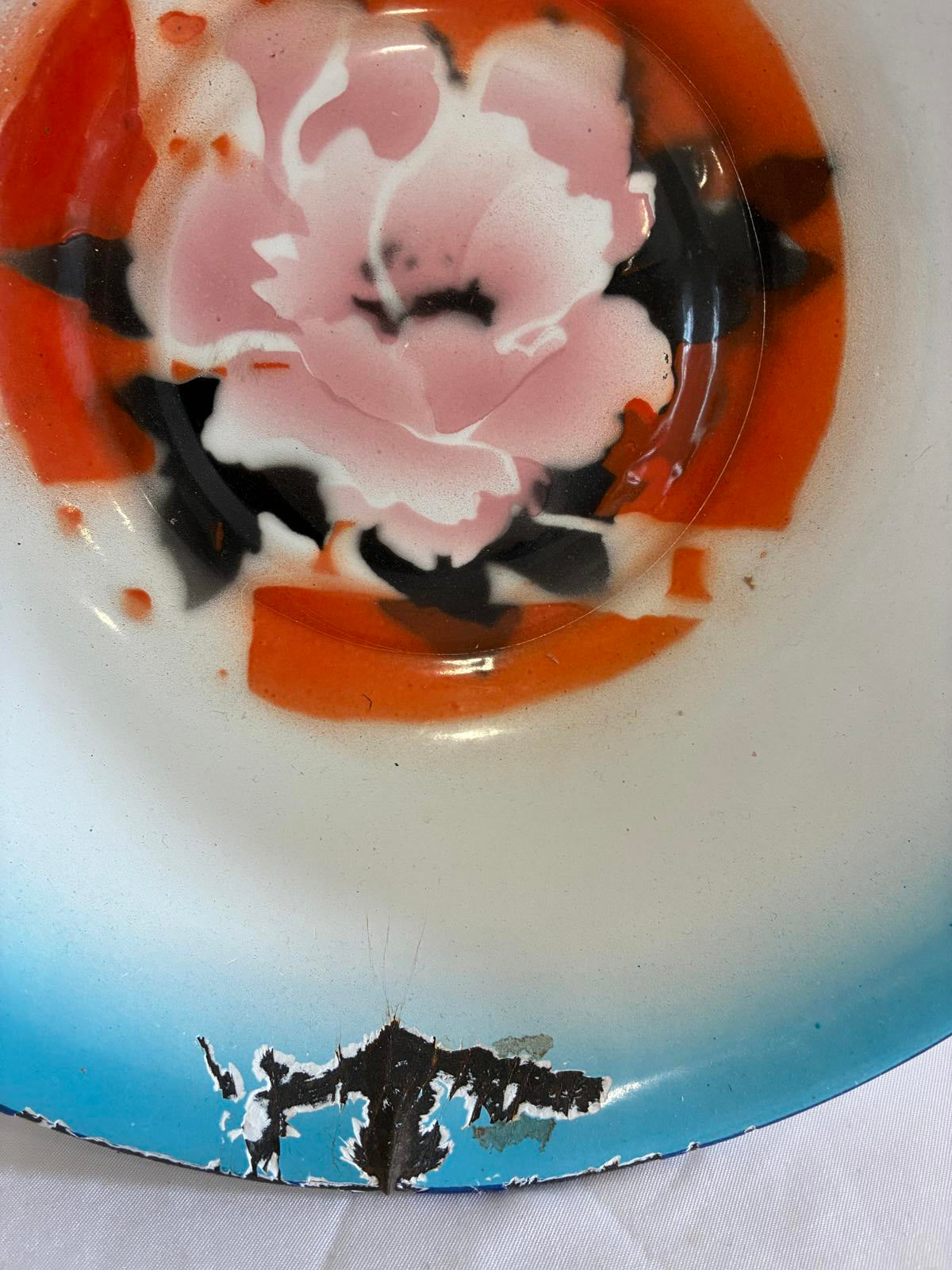 Vintage Enamel Bowl Hand Painted Floral Design Chippy Patina