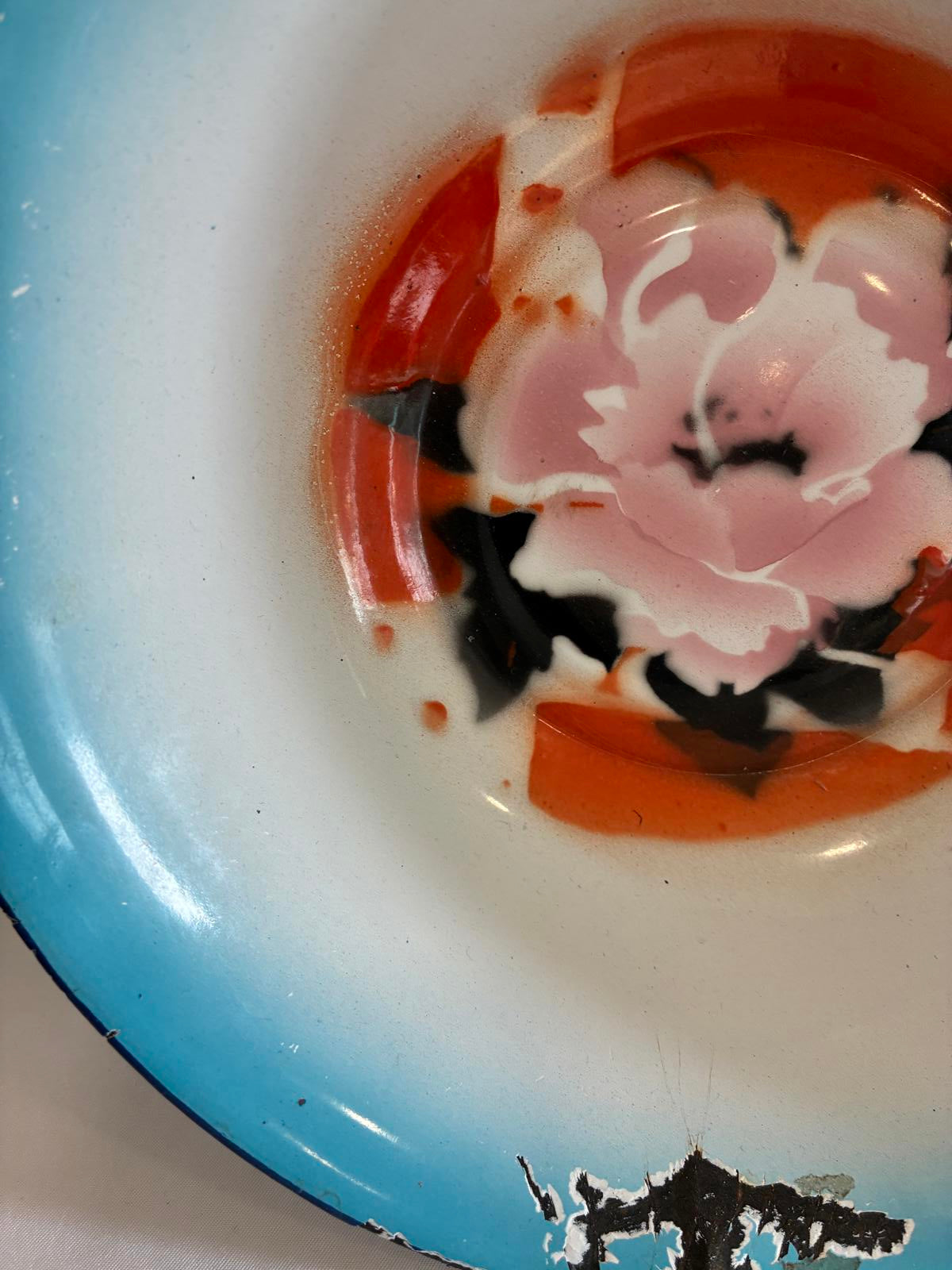 Vintage Enamel Bowl Hand Painted Floral Design Chippy Patina