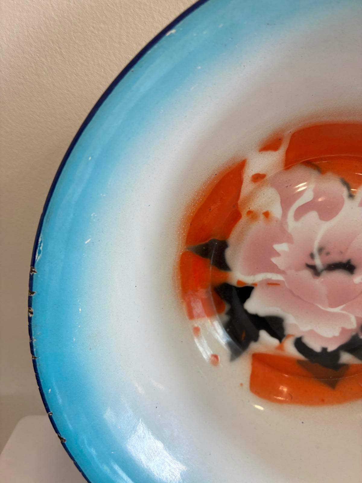 Vintage Enamel Bowl Hand Painted Floral Design Chippy Patina