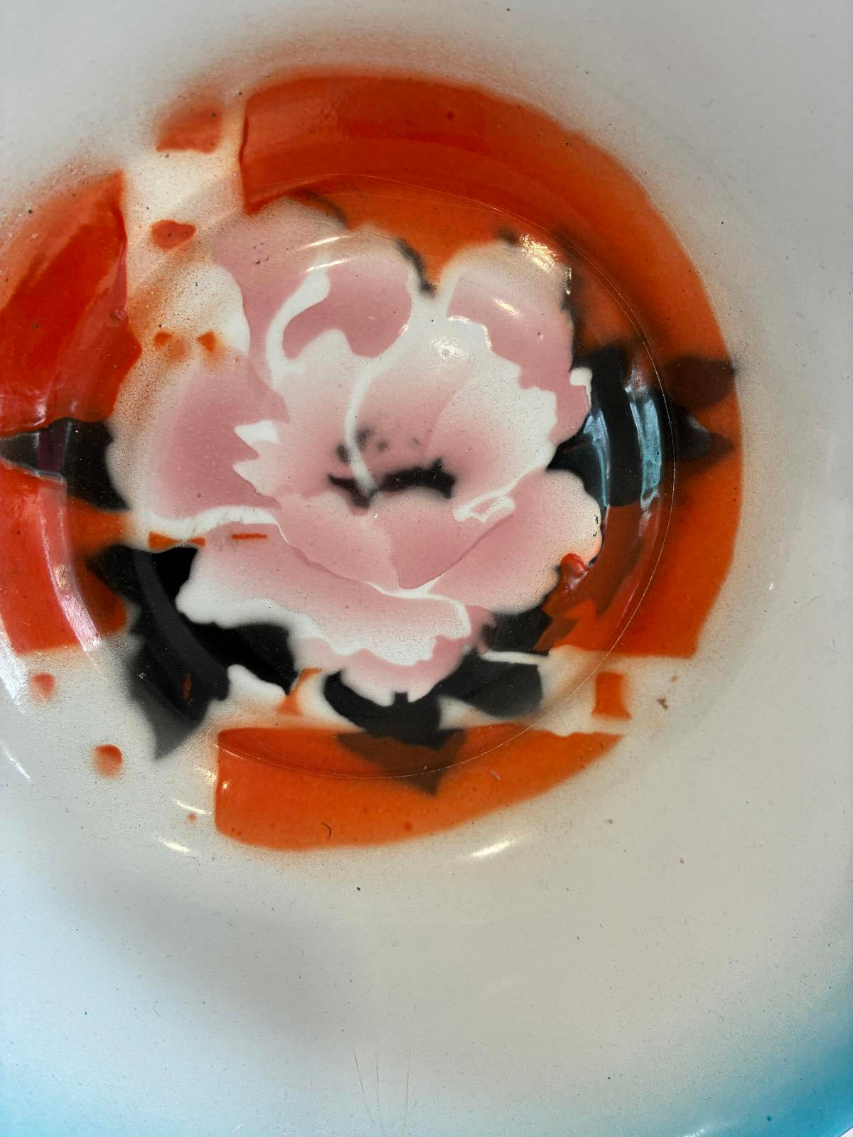 Vintage Enamel Bowl Hand Painted Floral Design Chippy Patina