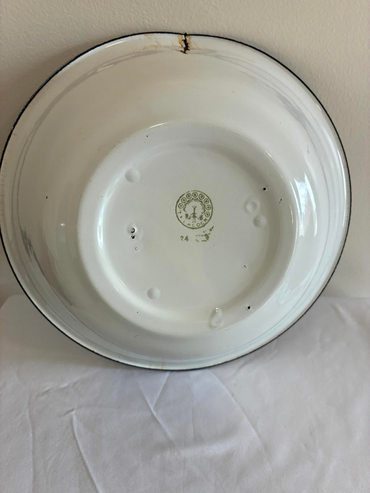 Vintage Enamel Bowl Hand Painted Floral Design Chippy Patina