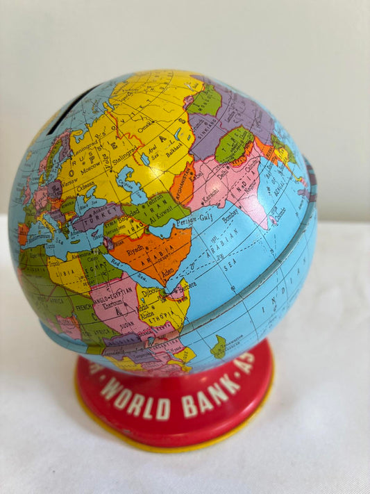Vintage World Bank Metal Globe Bank, Tin Litho World Globe Coin Bank