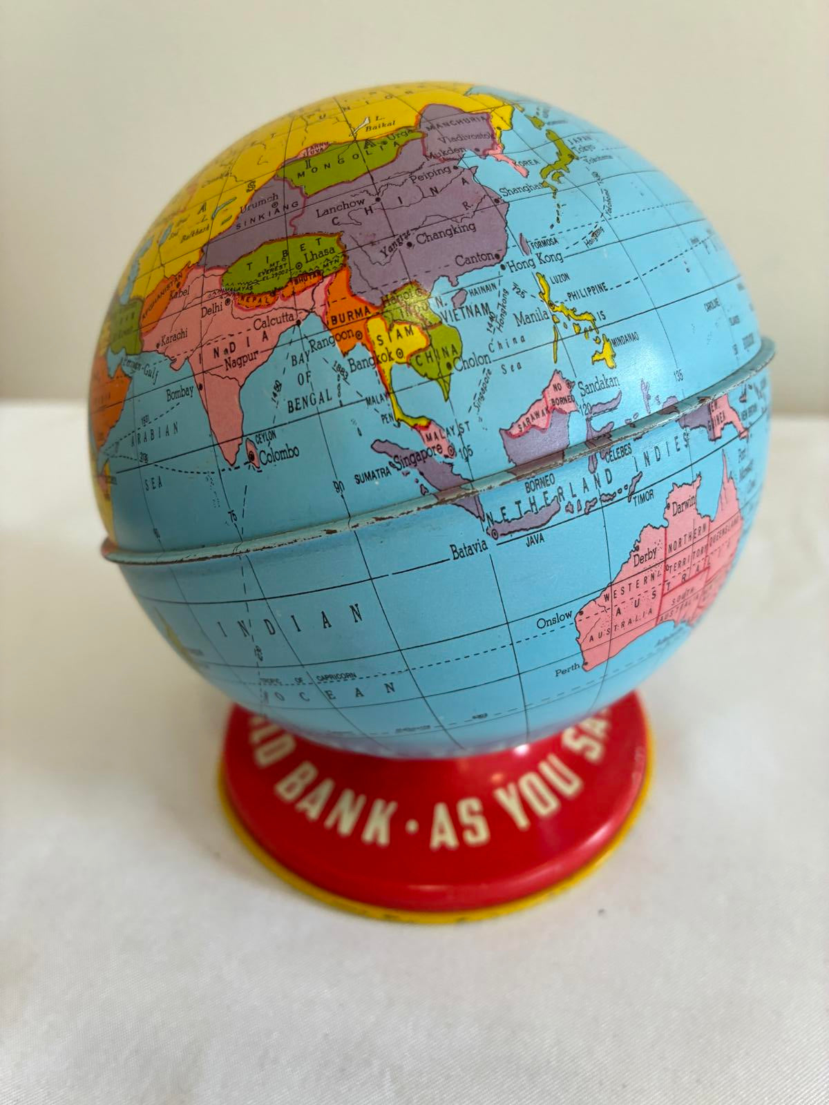 Vintage World Bank Metal Globe Bank, Tin Litho World Globe Coin Bank