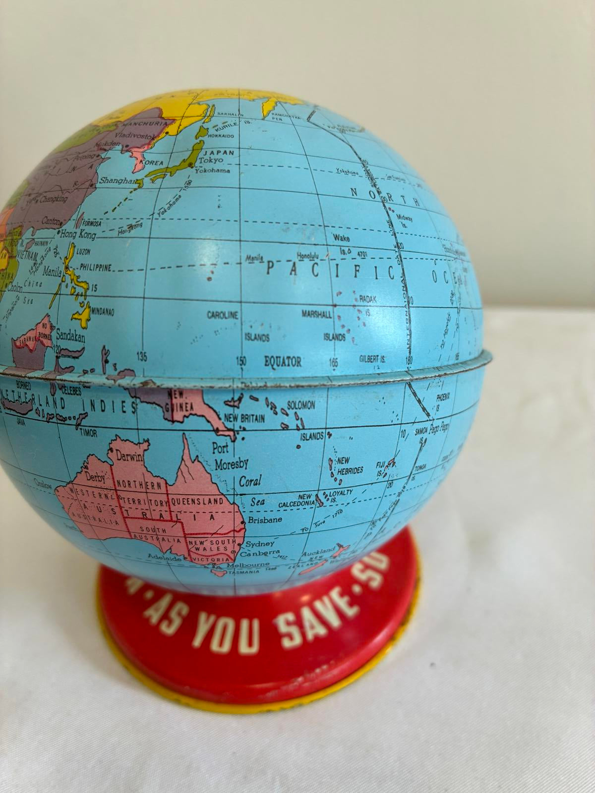 Vintage World Bank Metal Globe Bank, Tin Litho World Globe Coin Bank