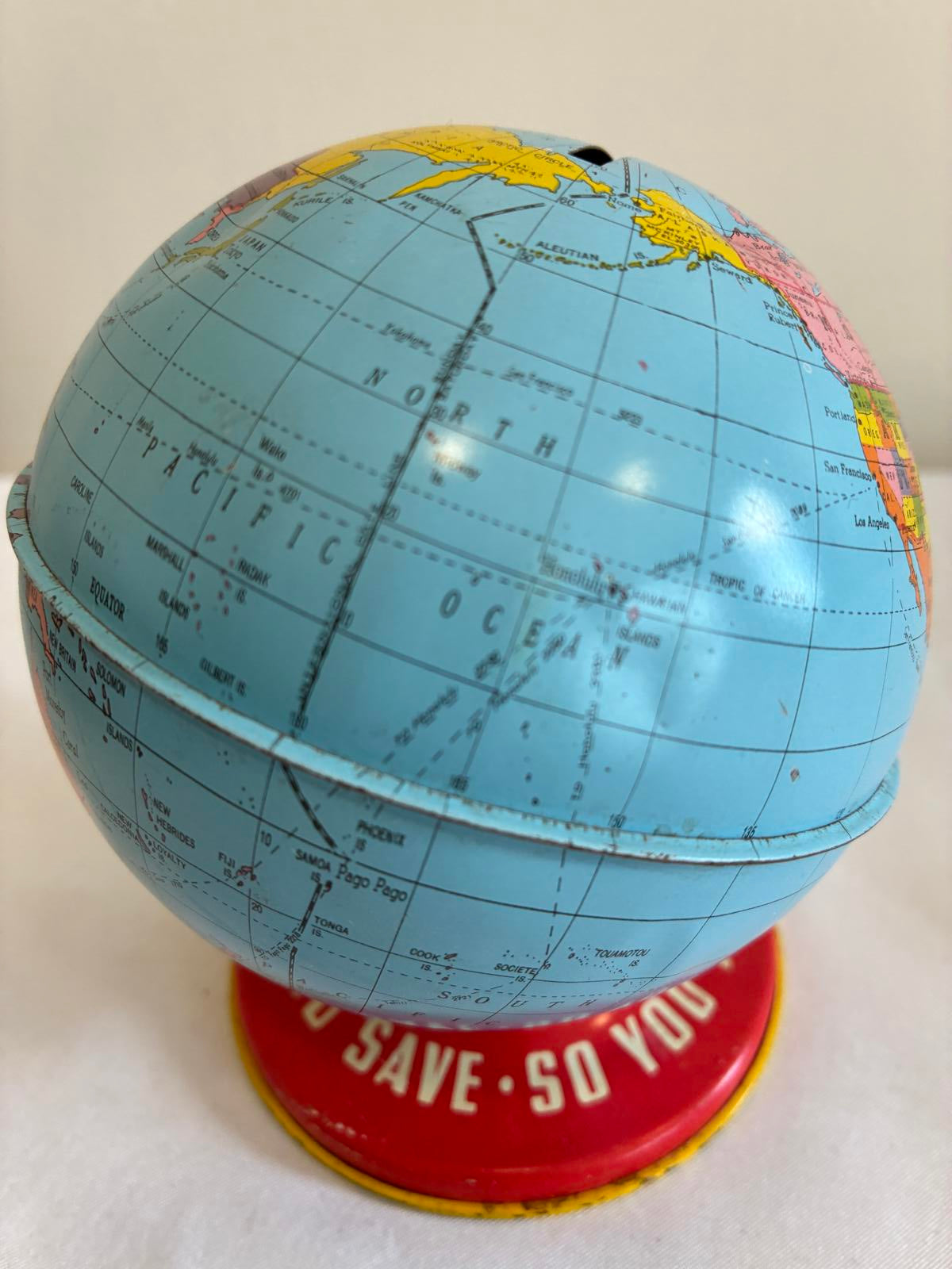 Vintage World Bank Metal Globe Bank, Tin Litho World Globe Coin Bank