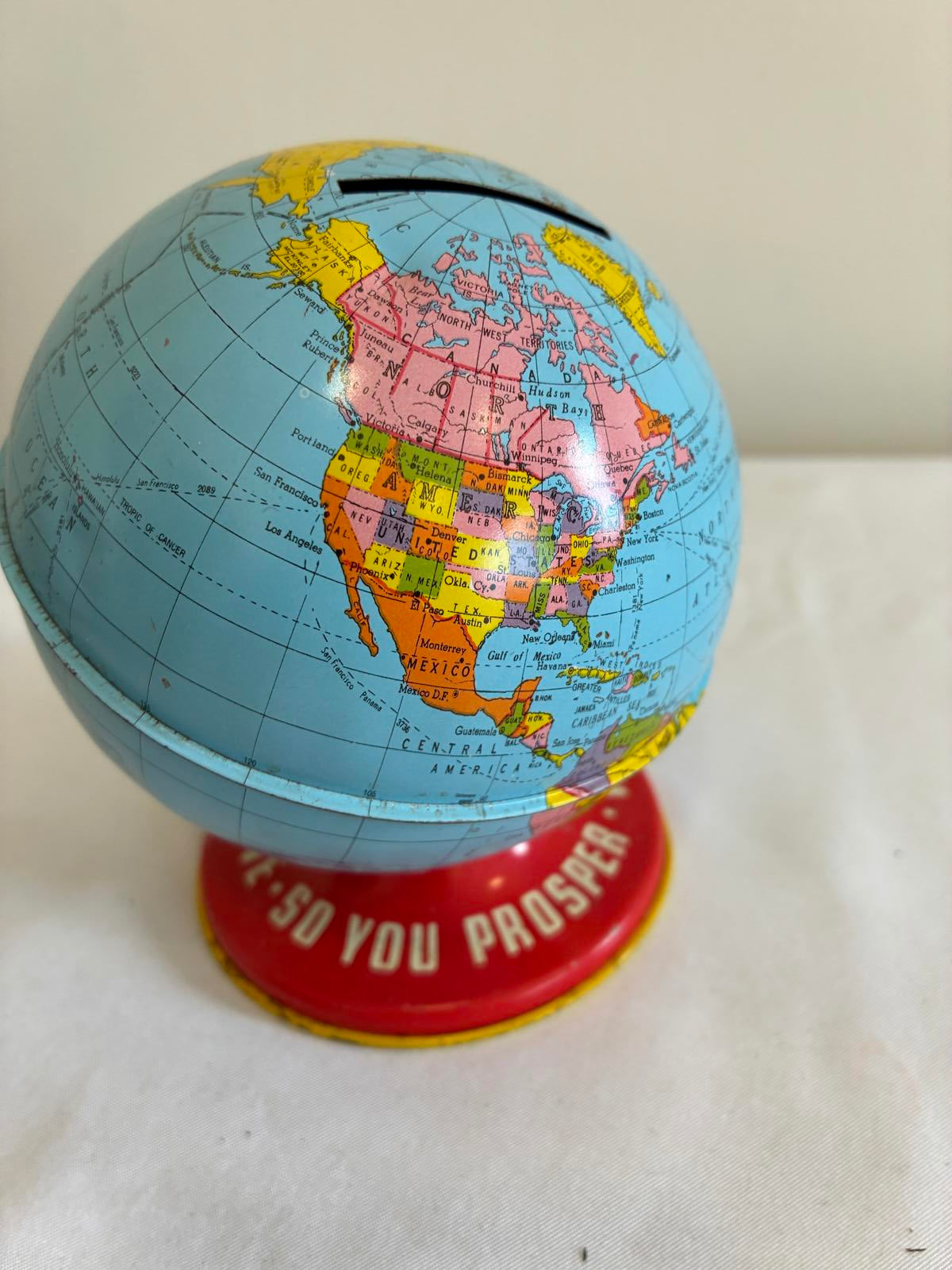 Vintage World Bank Metal Globe Bank, Tin Litho World Globe Coin Bank