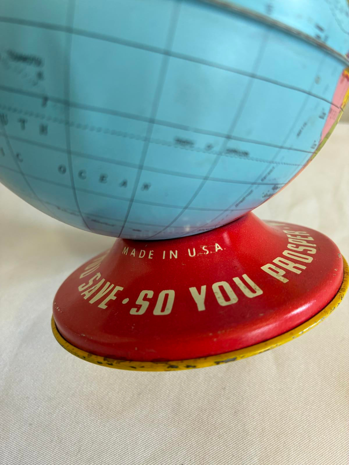 Vintage World Bank Metal Globe Bank, Tin Litho World Globe Coin Bank