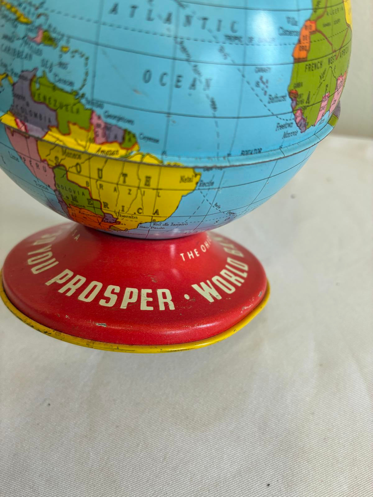 Vintage World Bank Metal Globe Bank, Tin Litho World Globe Coin Bank
