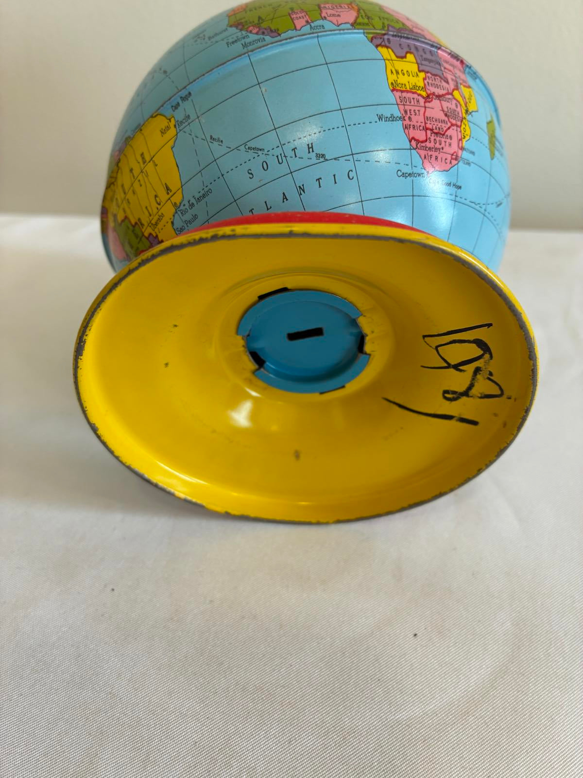Vintage World Bank Metal Globe Bank, Tin Litho World Globe Coin Bank