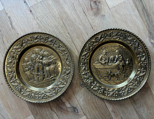 Vintage Brass Wall Plates Set of 2 Relief Figural Decor Made in England