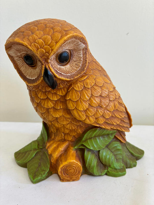 Vintage Owl Figurine on Tree Stump, Retro Woodland Decor, MCM Owl Statue