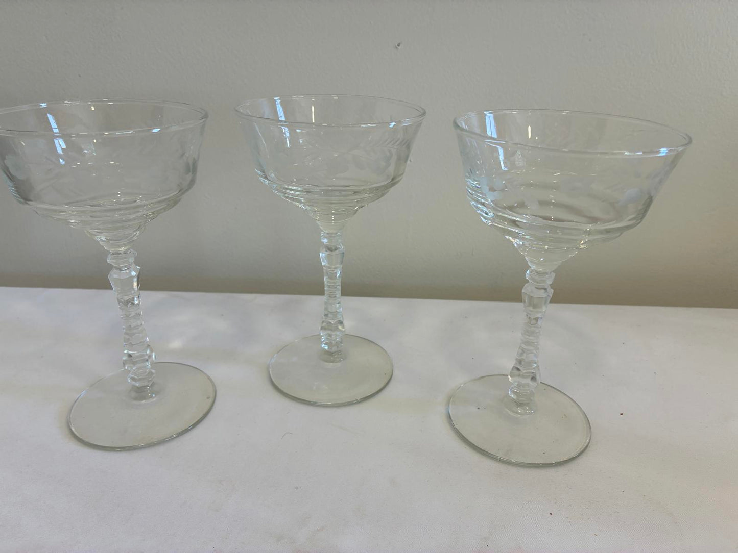 Libbey Rock Sharpe Champagne Coupes Set of 3, Vintage Etched Crystal Stemware