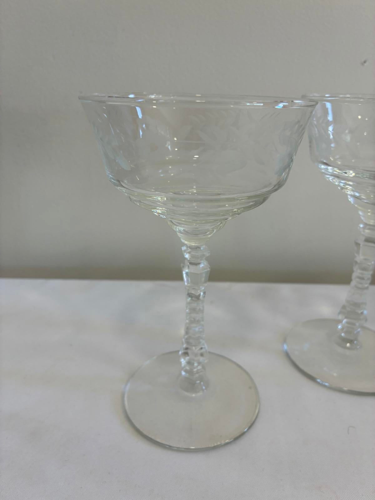 Libbey Rock Sharpe Champagne Coupes Set of 3, Vintage Etched Crystal Stemware