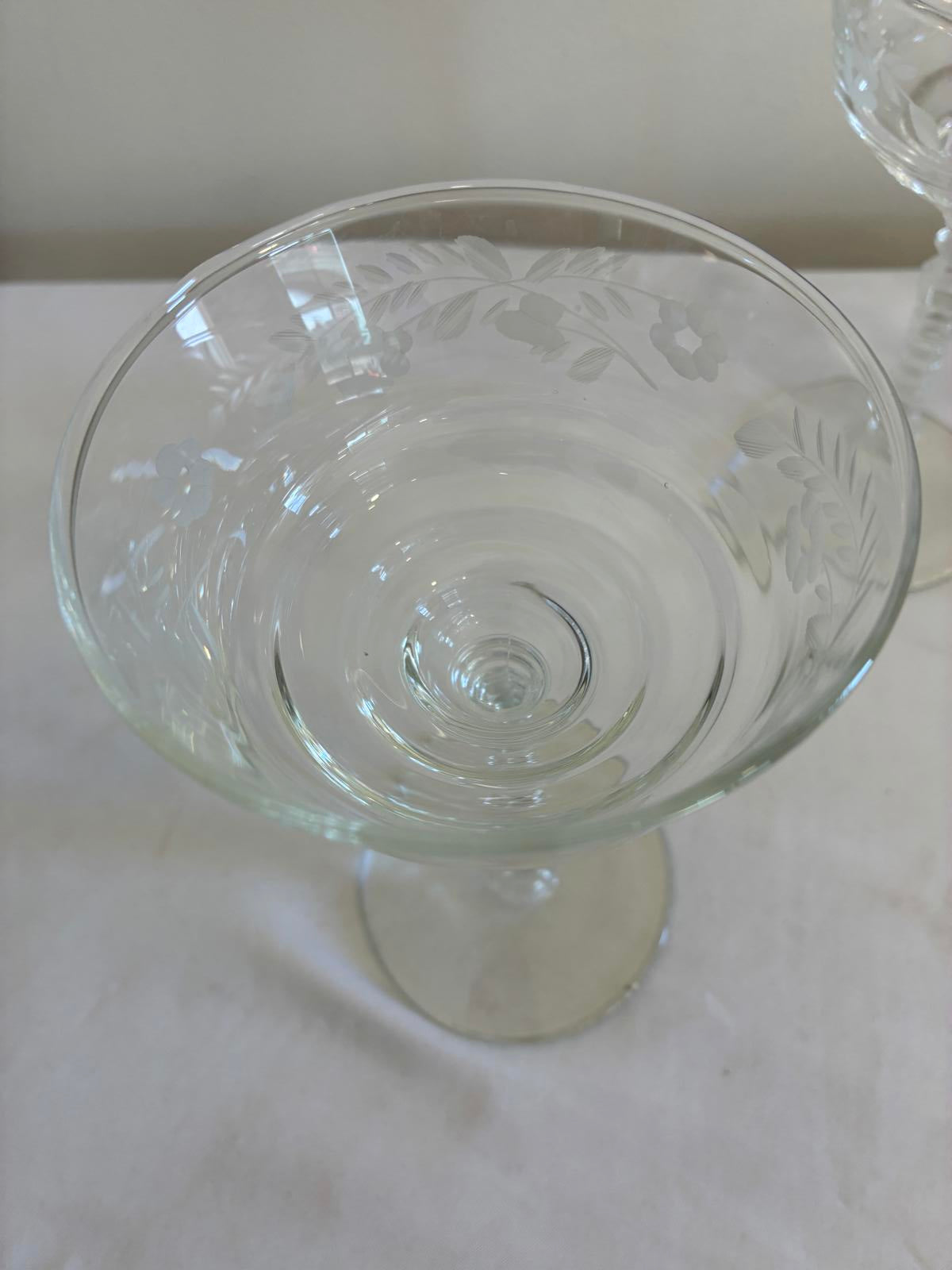 Libbey Rock Sharpe Champagne Coupes Set of 3, Vintage Etched Crystal Stemware